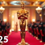 Golden Oscar trophy on red carpet with elegant setting.