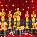 Oscar statuettes with film reels and popcorn on red carpet.