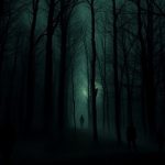 Eerie forest with shadowy figures and ghostly light.