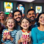Happy family enjoying a movie together in a theater.