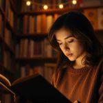 Person reading a book in a cozy library setting.