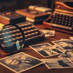 Vintage detective scene with magnifying glass and typewriter.