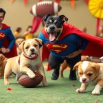 Superman and James Gunn's dog at the Puppy Bowl.