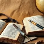 Vintage books, globe, and quill pen on aged parchment.