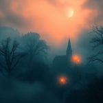 Mysterious town with mist and dark trees.
