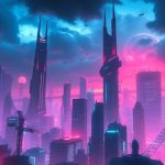 Futuristic cityscape with dark skies and neon lights.