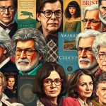 Collage of notable fiction authors and book covers.