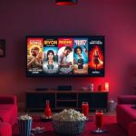 Cozy movie night scene with snacks and a TV.