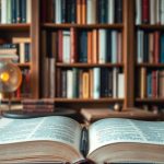 Open book in a cozy reading nook with books.