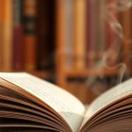 An open book with fluttering pages and coffee.