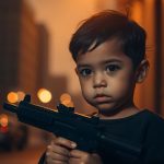 Child holding a toy gun in an urban setting.