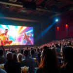 Excited audience in a movie theater enjoying films.