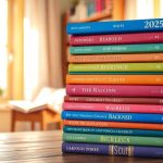 A stack of colorful novels on a wooden table.